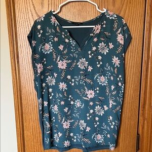 Papermoon Teal Floral V-Neck Cap-Sleeve Blouse Large Spring Summer Top Shirt